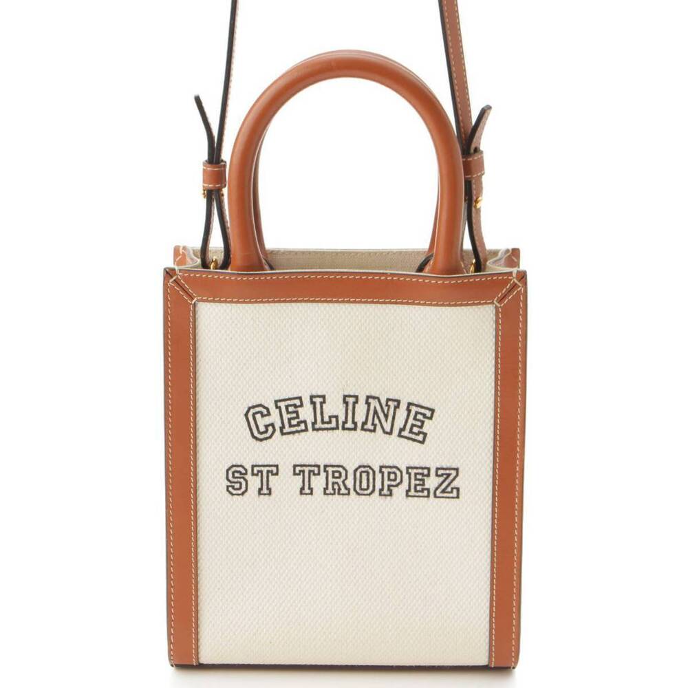 Celine Saint Tropez Vertical Cabas Canvas Leather Tote Bag Natural